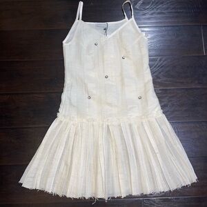 Narciss Pleated Dress Pearls Embellished  White Size 6 Raw Hem